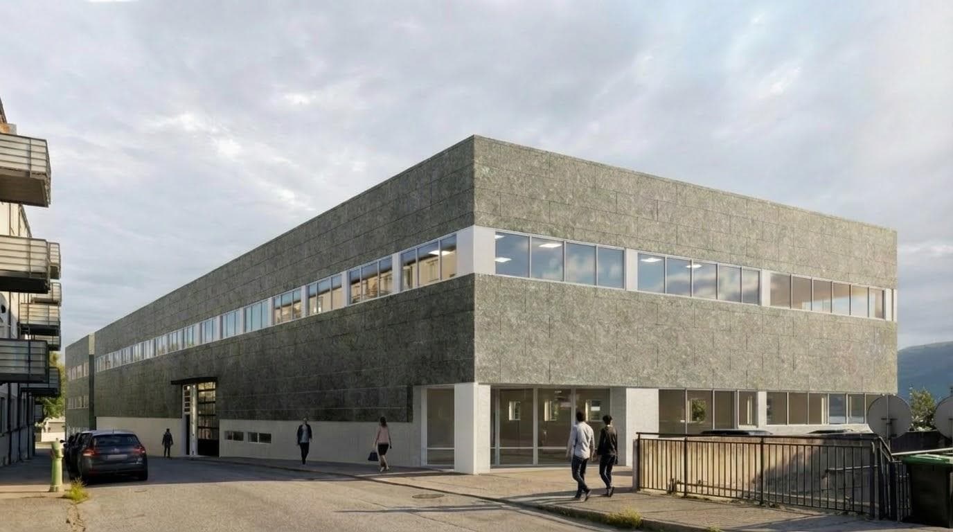 Visualisering av Acels hovedkontor i Ystenesgata 32, Ålesund, kledd med Solskifers bygningsintegrerte solfasade